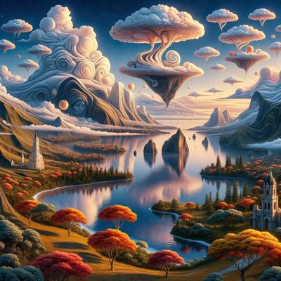 The primary subject of the image is a surreal landscape featuring a large, cloud-filled sky, a body of water, and a variety of trees and mountains. The setting appears to be a fantasy world with a serene atmosphere. The visual style is a combination of digital art and illustration, creating a unique and imaginative scene. The dominant colors in the image are shades of blue, green, and red, which contribute to the overall mood of the landscape.